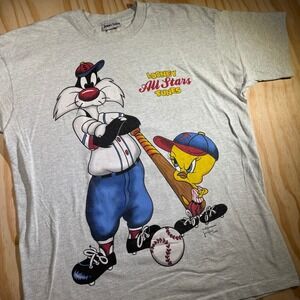 Jerry Leigh Men's Looney‎ Tunes All Stars Baseball Grey Graphic Tee Vintage OSFA